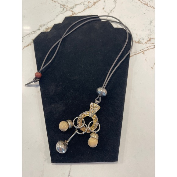 Brighton Mixed Metal Statement Necklace Silver Gold Tone Charm Cord Pendant - Picture 2 of 2